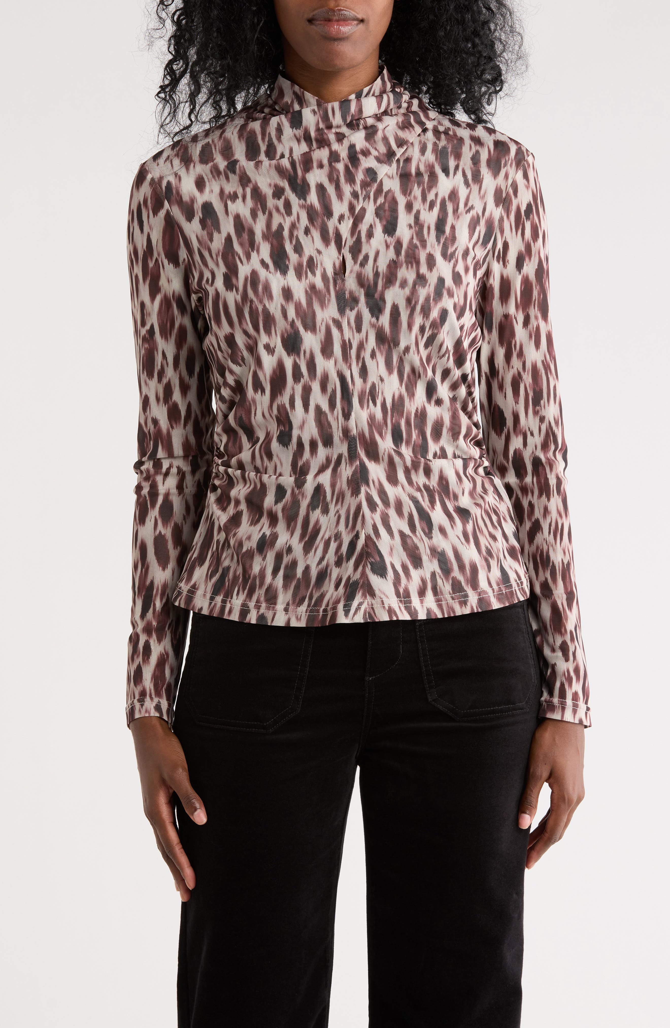 Nicole Miller Mock Neck Long Sleeve Ruched Mesh Top