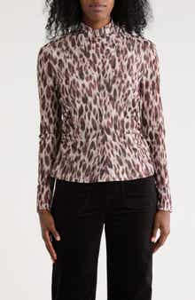 Nicole Miller Mock Neck Long Sleeve Ruched Mesh Top