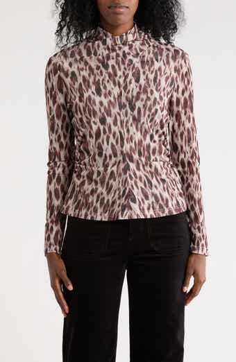 Nicole Miller Mock Neck Long Sleeve Ruched Mesh Top