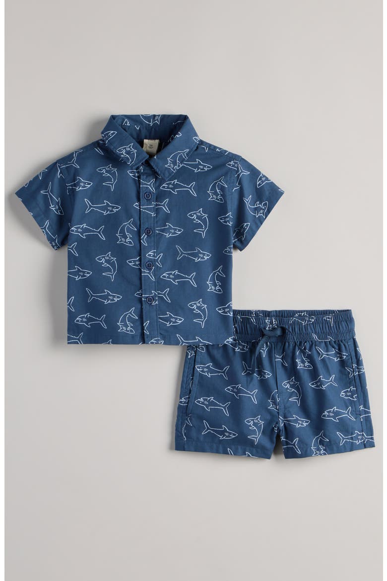 Print Short Sleeve Button-Up Shirt & Shorts Set, Main, color, NAVY DENIM HAPPY SHARKS