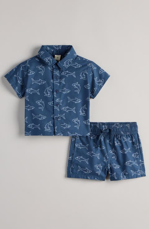 Print Short Sleeve Button-Up Shirt & Shorts Set