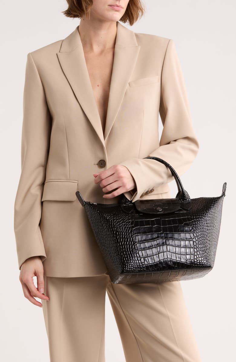 Longchamp Le Pliage Croc Embossed Tote, Alternate, color, Black