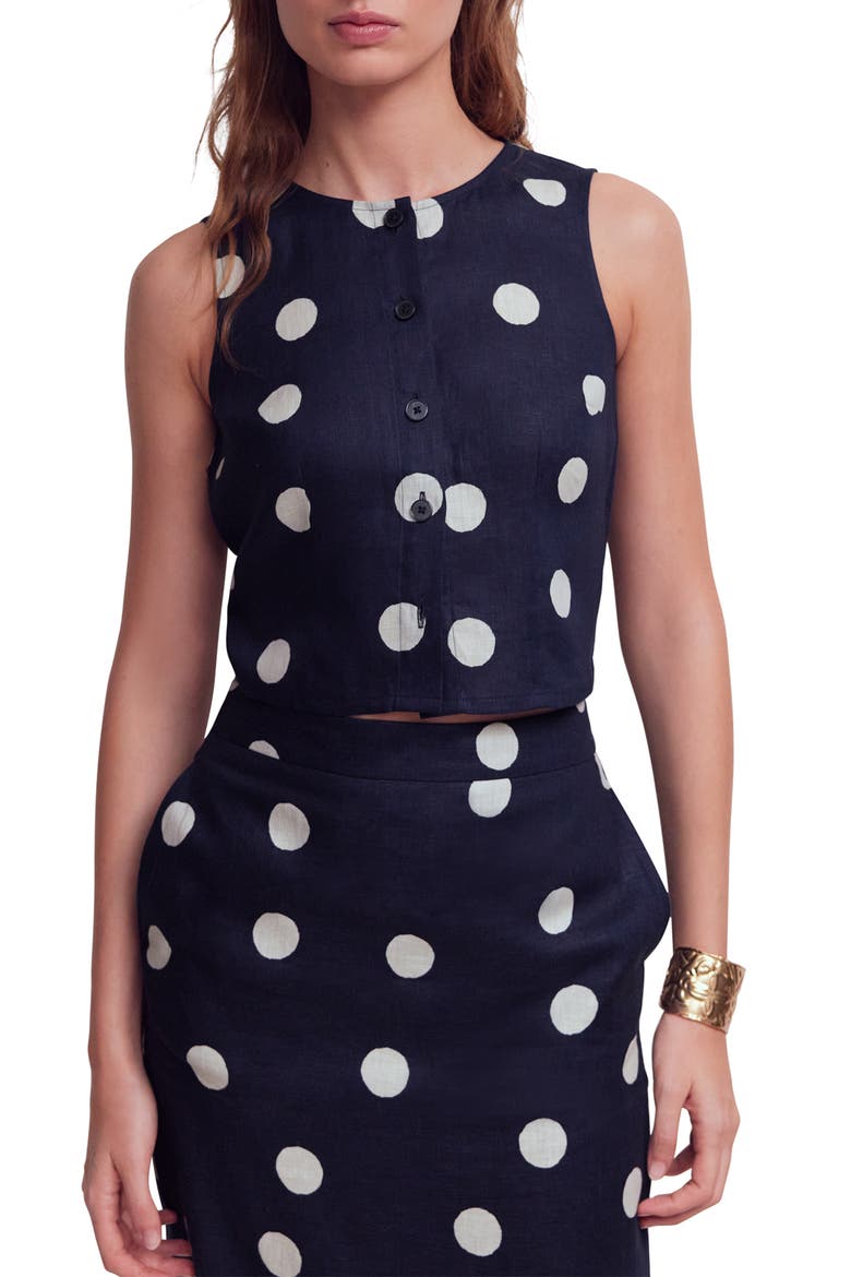 Andrea Linen Sleeveless Button-Up Shirt, Main, color, NAVY SPOT