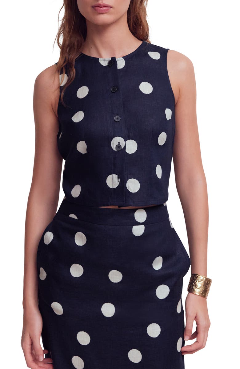 Boden Andrea Linen Sleeveless Button-Up Shirt, Main, color, Navy Spot