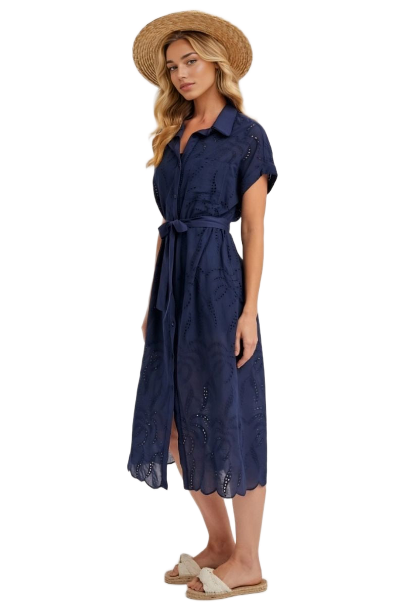 Knit and Lounge Eyelet Button Front Tie Waist Short Sleeve Scalloped Hem Shirt Dress, Alternate, color, Navy