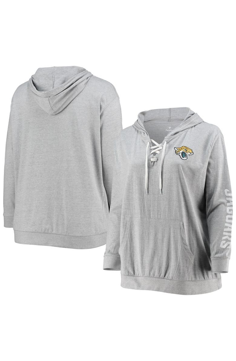 FANATICS Women's Fanatics Branded Heathered Gray Jacksonville Jaguars Plus Size Lace-Up Pullover Hoodie, Main, color, 