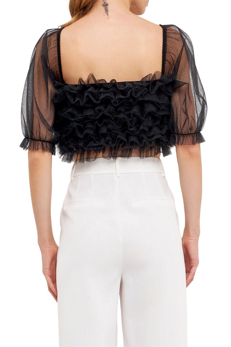 Ruffle Puff Sleeve Tulle Crop Top, Alternate, color, BLACK