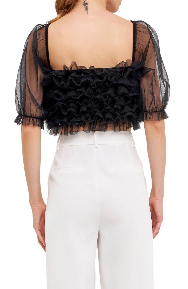 Endless Rose Ruffle Puff Sleeve Tulle Crop Top, Alternate, color, Black