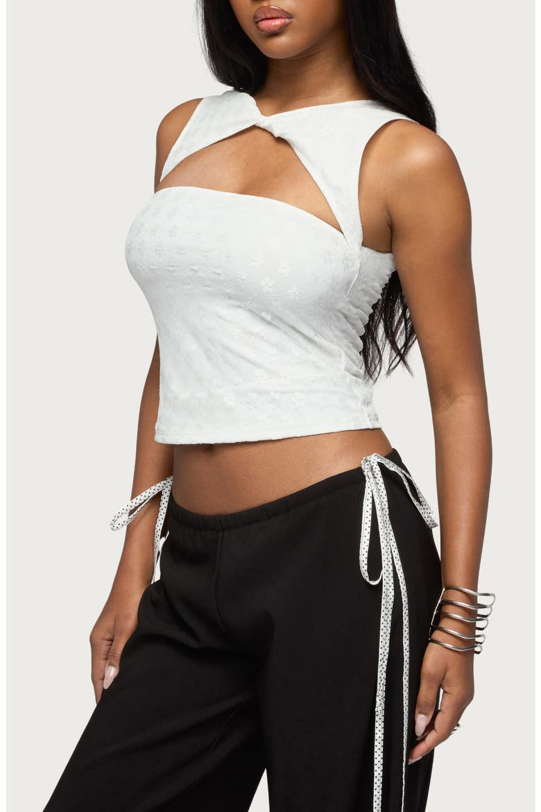 Elisia Twist Neck Cutout Floral Lace Crop Top, Alternate, color, WHITE