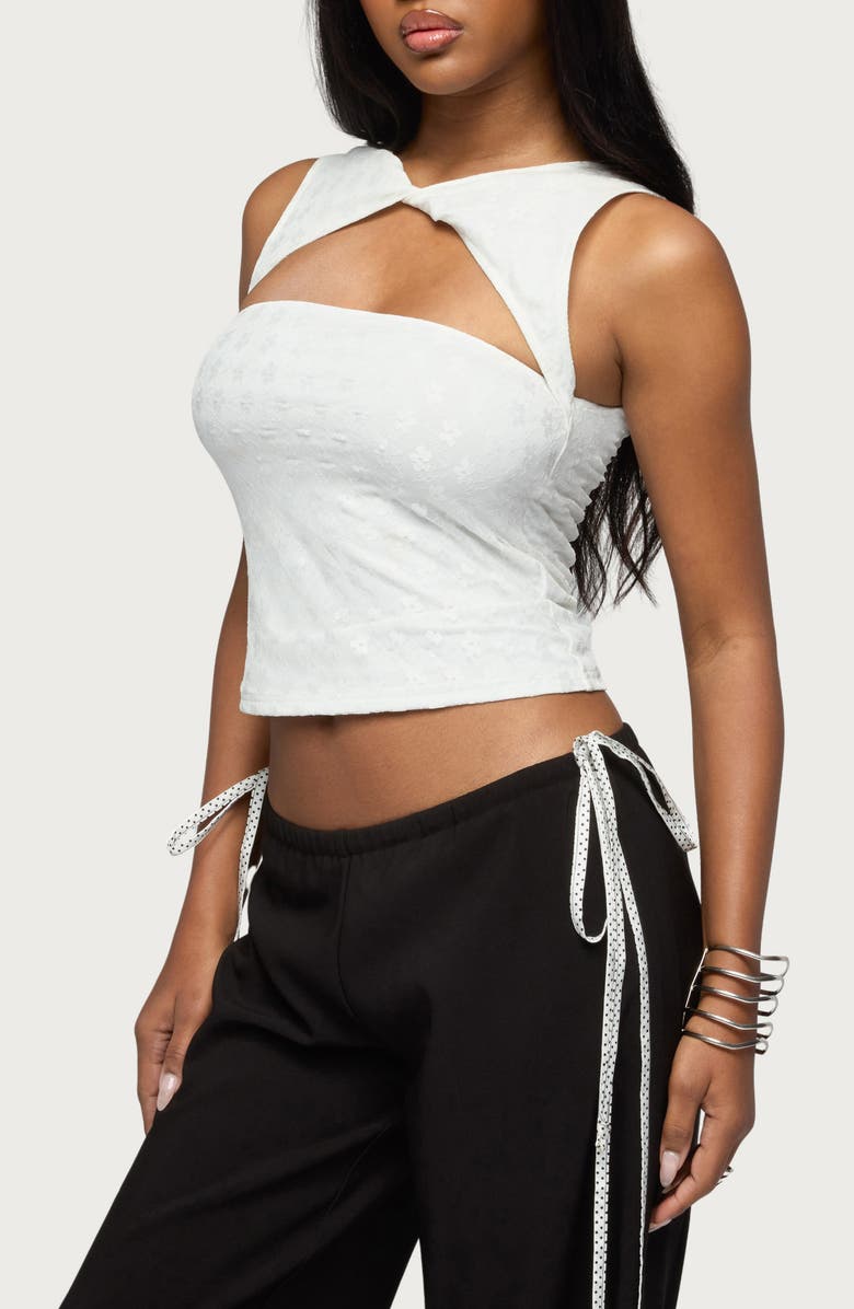 EDIKTED Elisia Twist Neck Cutout Floral Lace Crop Top, Alternate, color, White