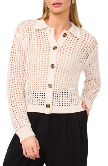 HALOGEN HALOGEN® RECYCLED POLYESTER OPEN WEAVE COLLAR CARDIGAN 