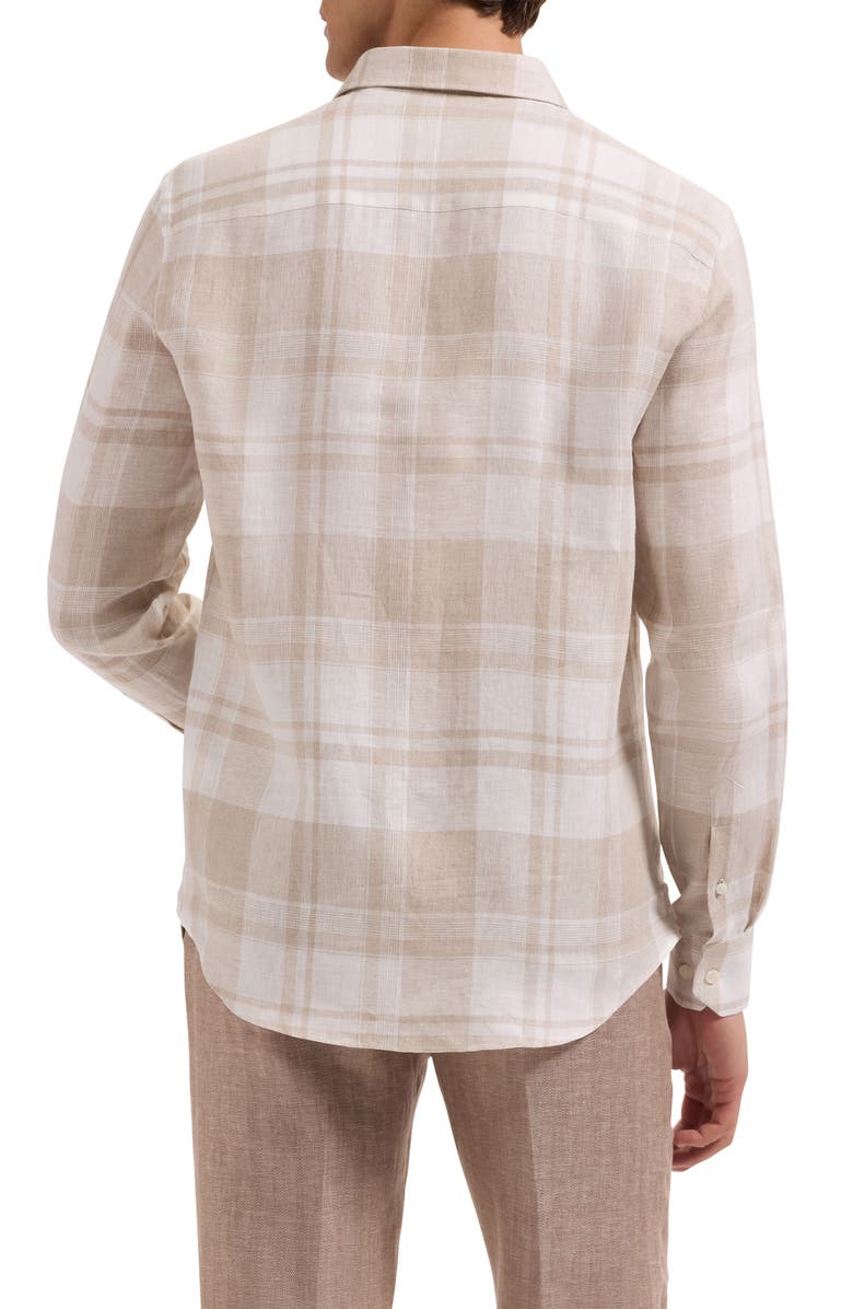 Bugatchi Julian Shaped Fit Plaid Linen Button-Up Shirt, Alternate, color, Sand