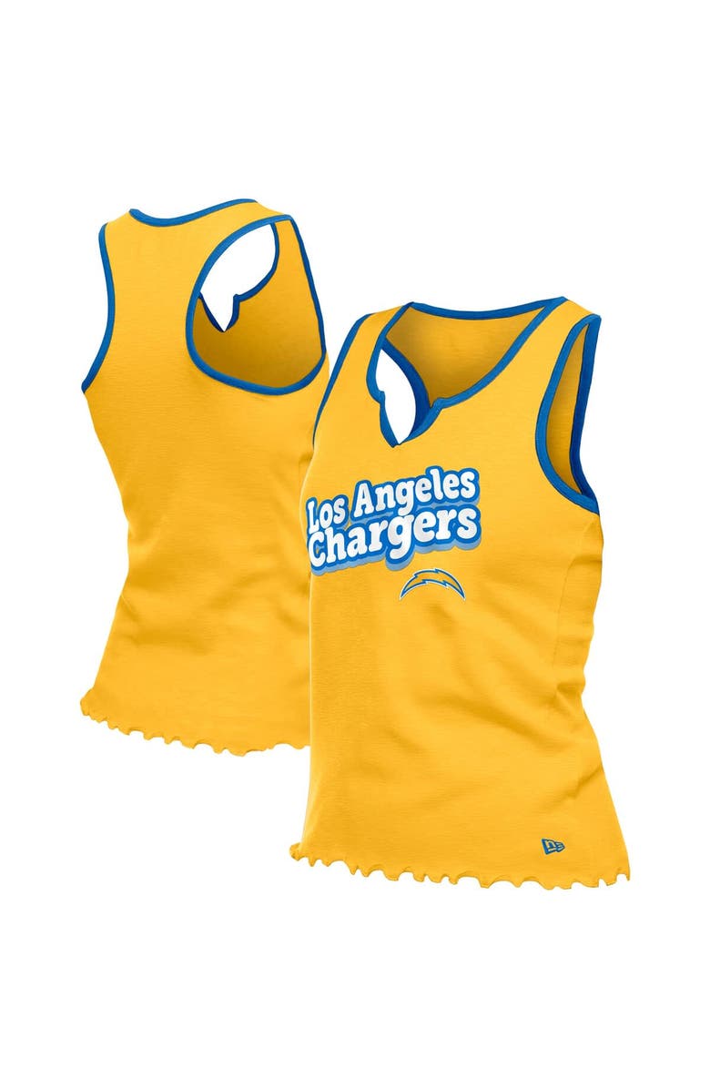 New Era Women's New Era  Gold Los Angeles Chargers Lettuce Hem Notch Neck Tri-Blend Tank Top, Main, color, 