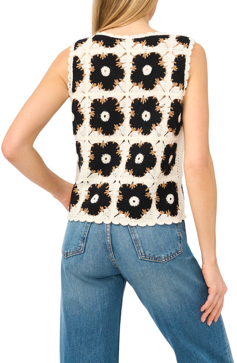 CeCe Cotton Blend Crochet Flower Sweater Tank, Alternate, color, Vanilla/ Rich Black
