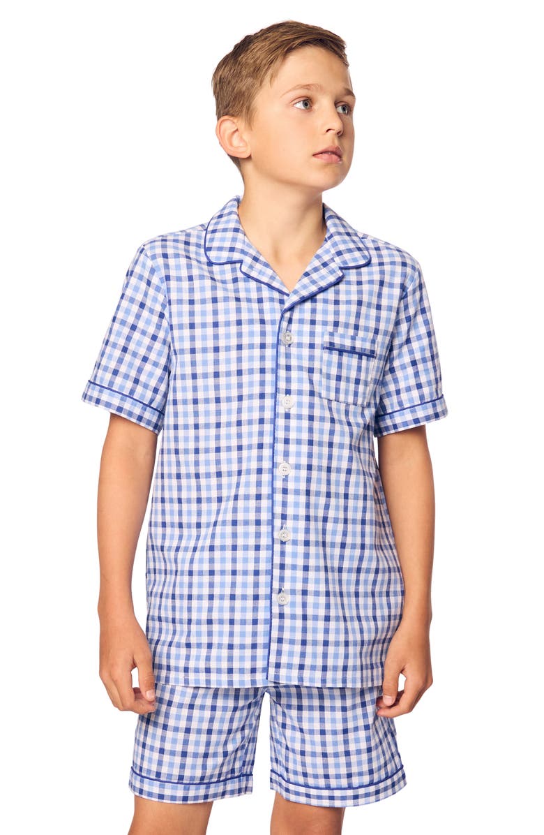 Petite Plume Kids' Gingham Cotton Blend Twill Two-Piece Short Pajamas, Alternate, color, Blue