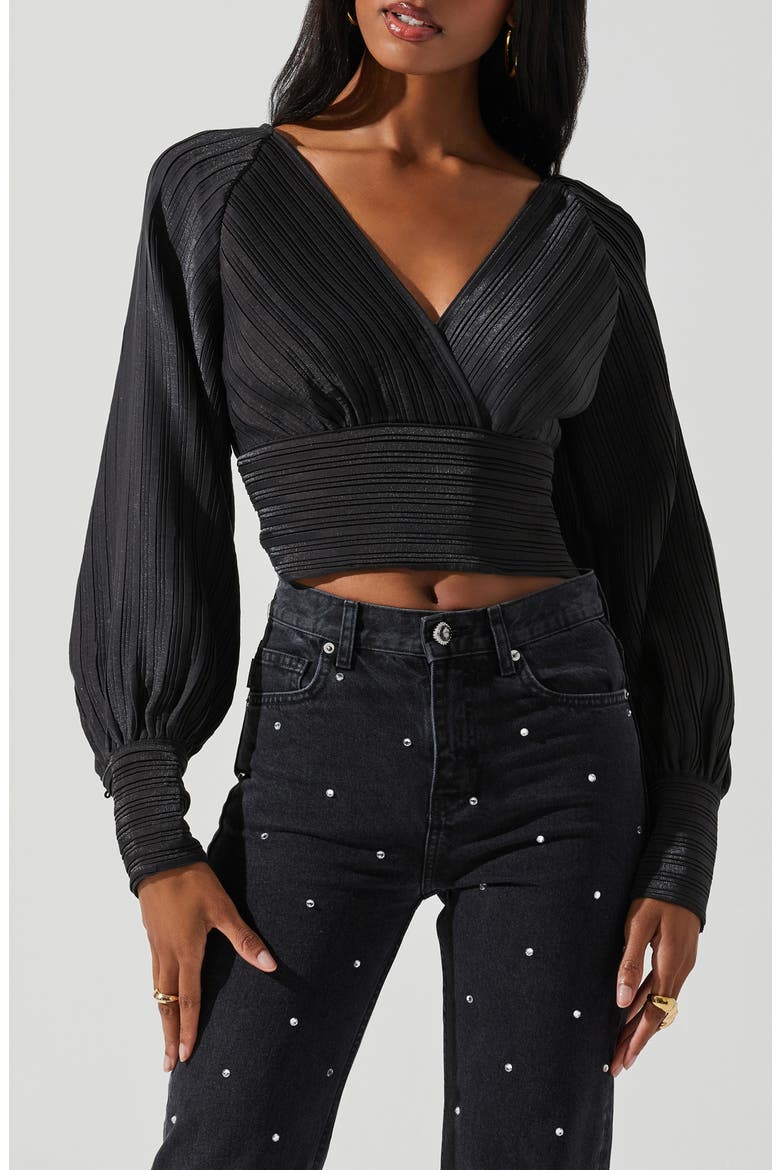 Pernilla Long Sleeve Pleated Crop Top, Main, color, BLACK