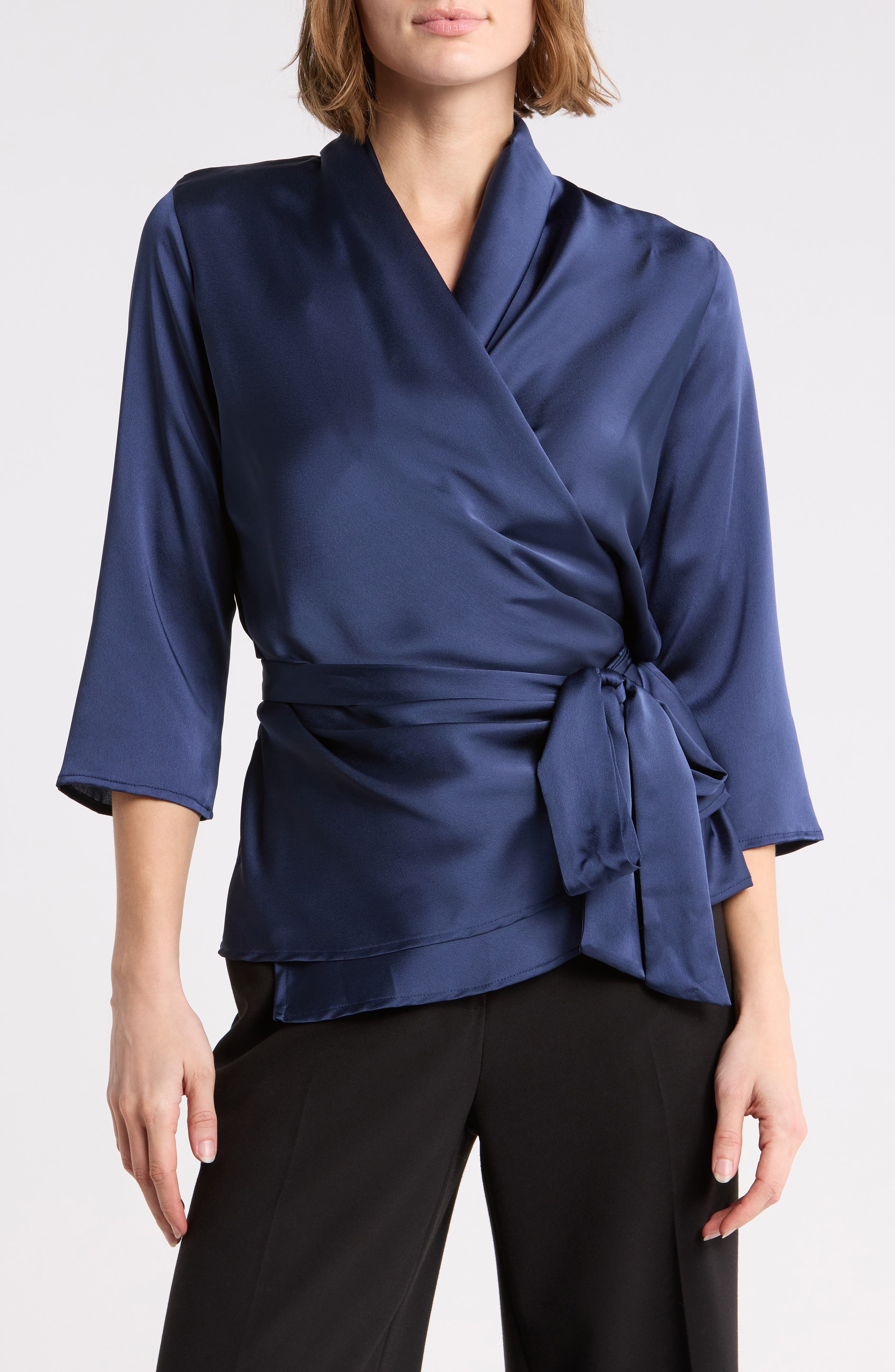 3/4 Sleeve Wrap Satin Top