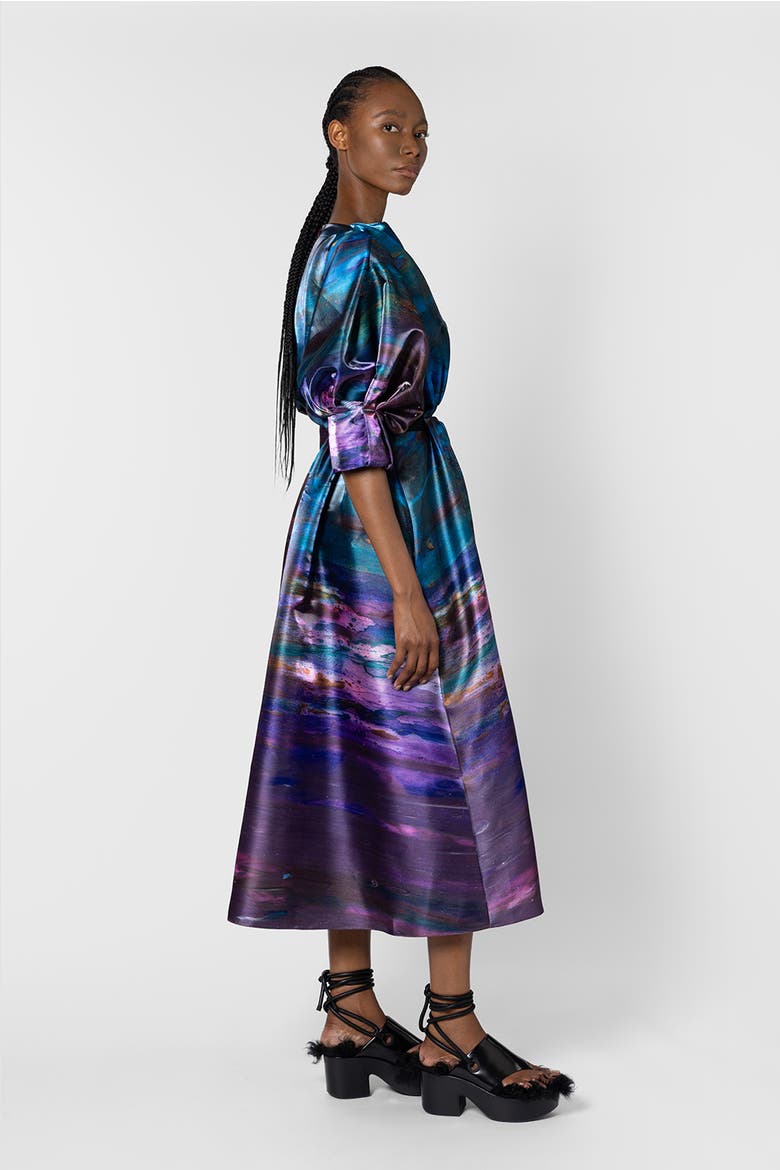 Zinnia Printed Puff Sleeve Dress, Alternate, color, Azure / Cassis