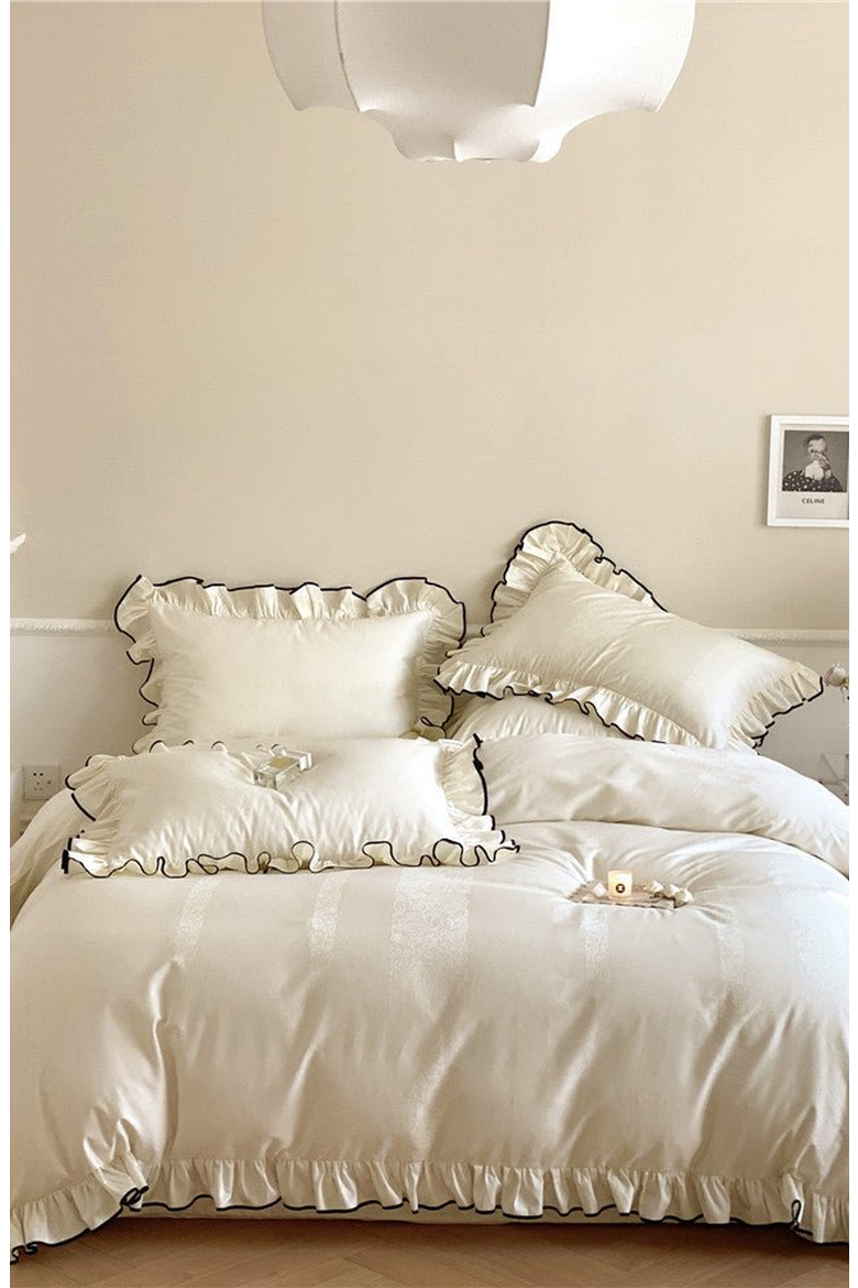 Silky Ruffle Bedding Set, Alternate, color, Ivory White, Flat
