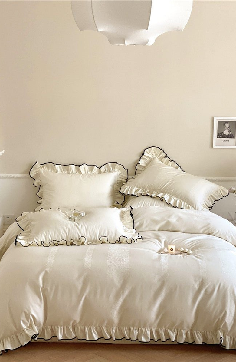 Ever Lasting Silky Ruffle Bedding Set, Alternate, color, Ivory White, Fitted