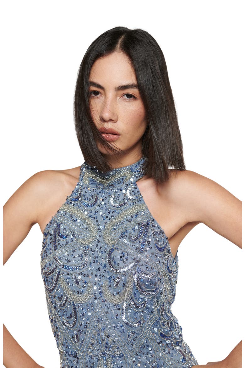 Occasion Embellished Sequin Beaded Halter Neck Evening Midi Dress, Alternate, color, POWDER BLUE