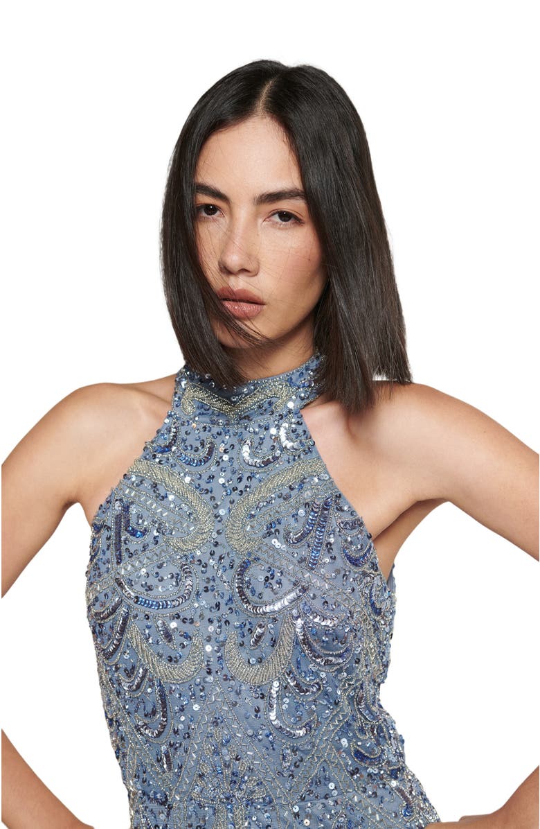 BEAUUT Occasion Embellished Sequin Beaded Halter Neck Evening Midi Dress, Alternate, color,