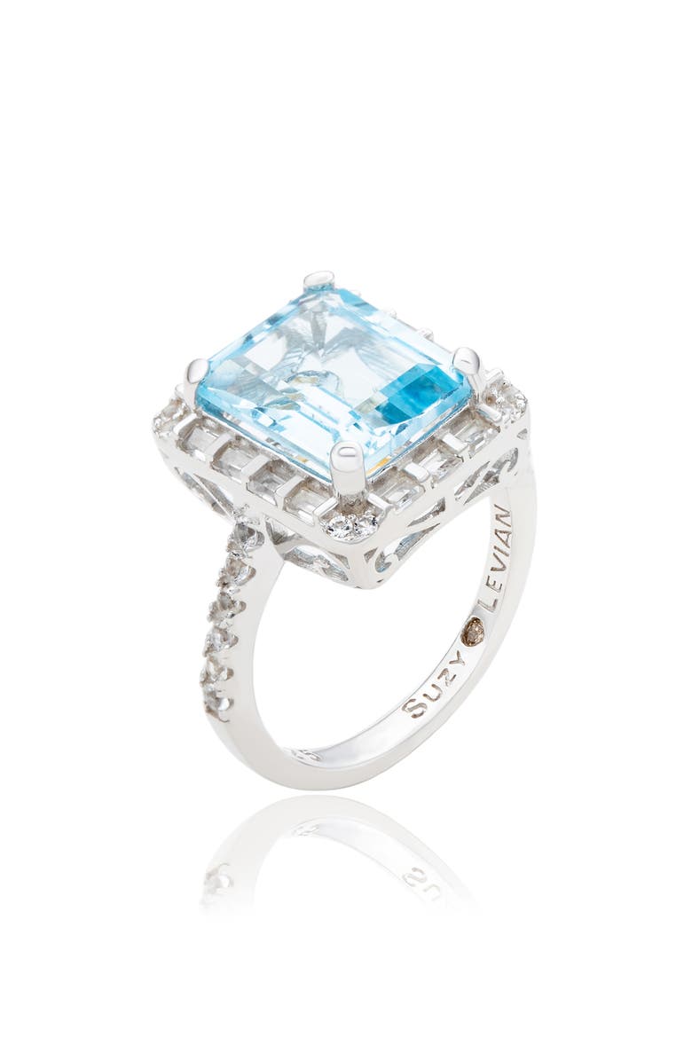 SUZY LEVIAN Sterling Silver Emerald Cut Blue Topaz & White Topaz Halo Ring, Main, color, 