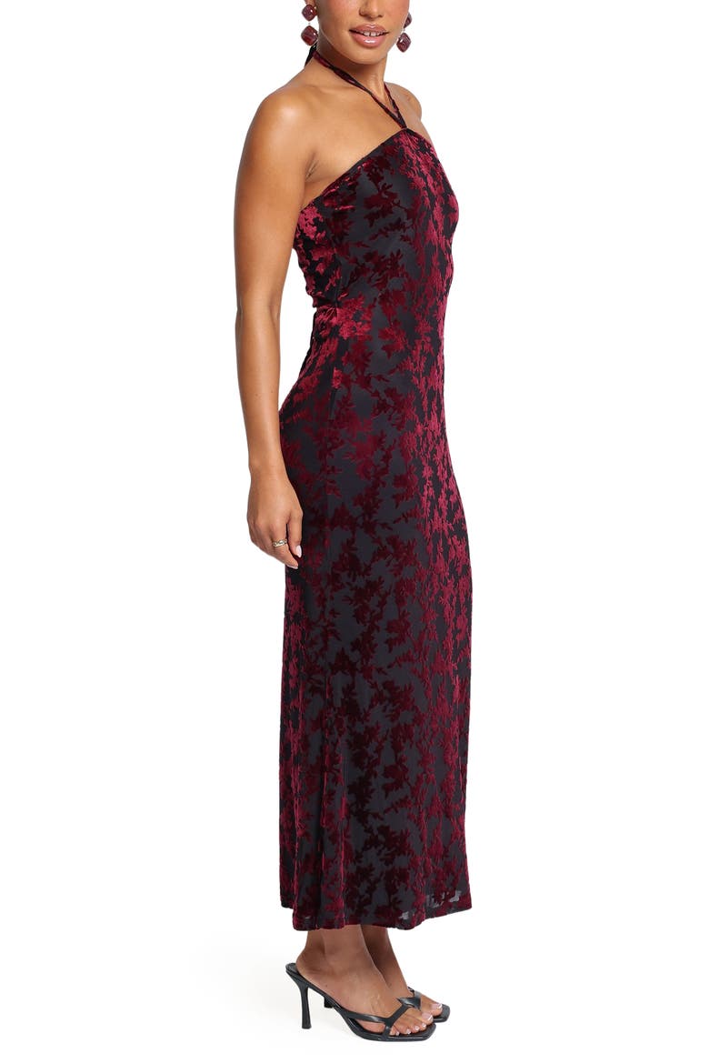 Brynne Halter Neck Burnout Velvet Midi Dress, Alternate, color, BERRY VELVET BURNOUT
