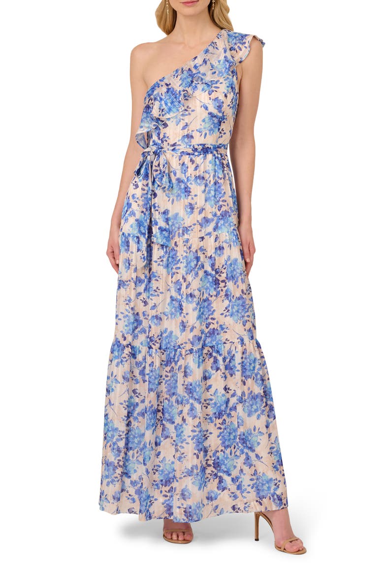 Metallic Ruffle One-Shoulder Maxi Cocktail Dress, Main, color, CHAMPAGNE/ BLUE MULTI