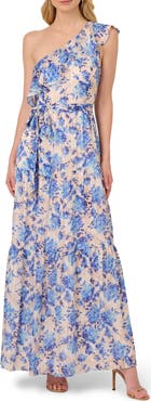 Adrianna Papell Metallic Ruffle One-Shoulder Maxi Cocktail Dress