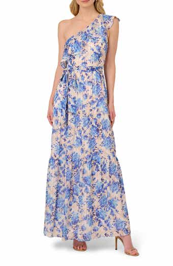 Adrianna Papell Metallic Ruffle One-Shoulder Maxi Cocktail Dress
