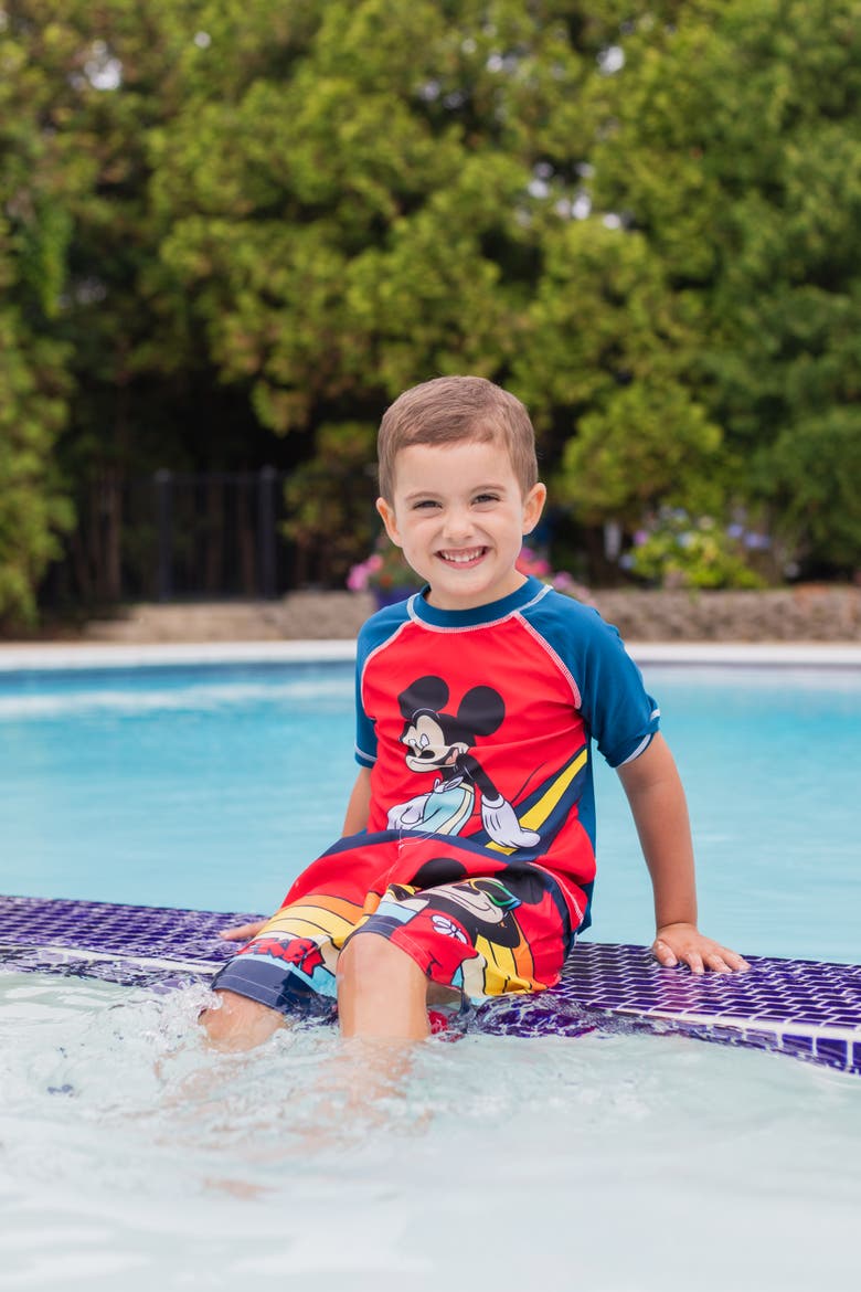 Mickey Mouse Swimwear 2-Piece Rash Guard and Swim Trunks Set, Alternate, color, Mickey Red Multi