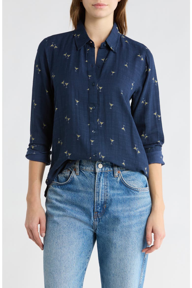 Heart Print Button-Up Shirt, Main, color, NAVY MULTI