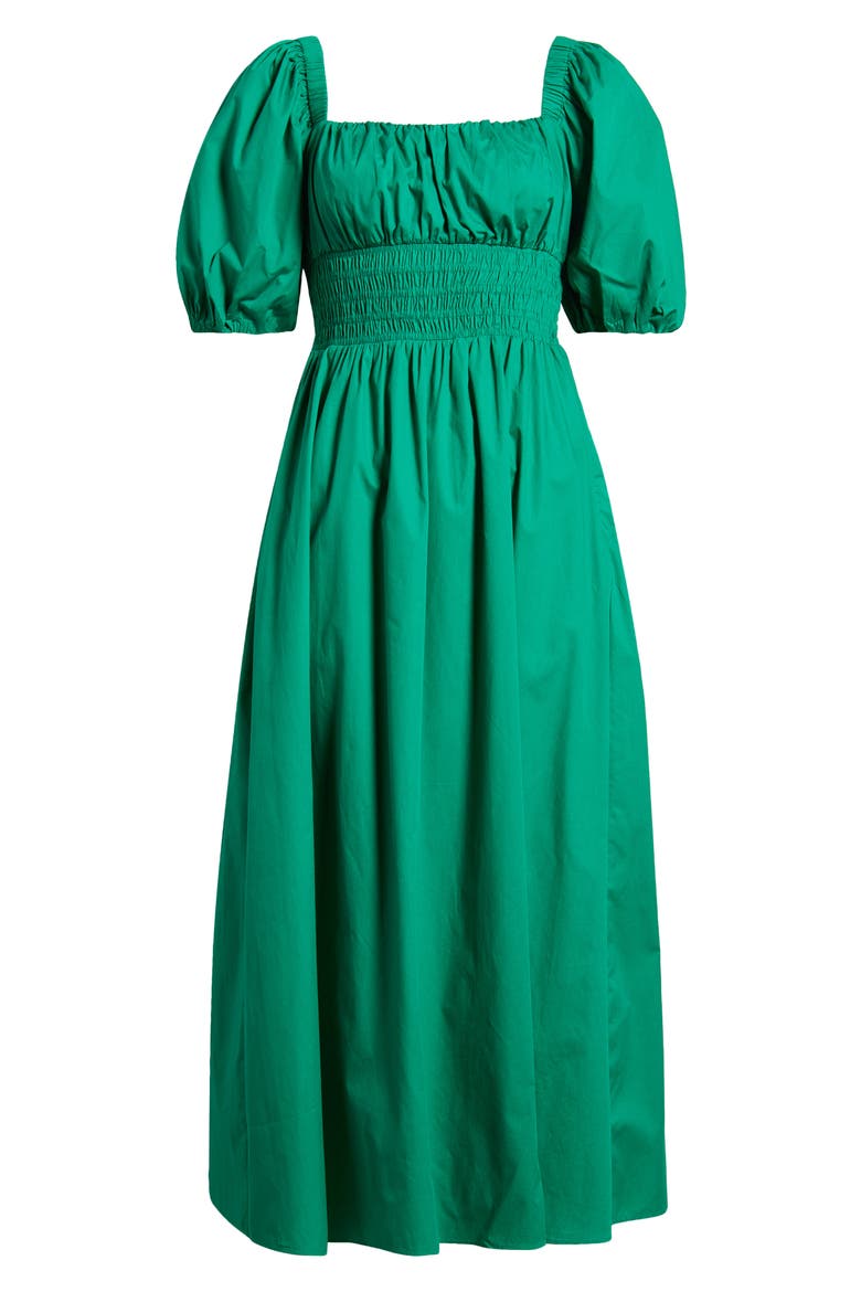 Smocked Puff Sleeve Midi Dress, Alternate, color, GREEN MEDIUM