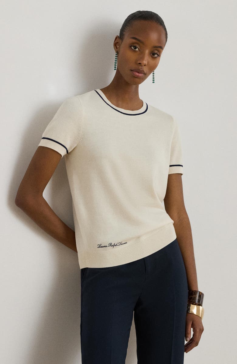 Lauren Ralph Lauren Tipped Short Sleeve Crewneck Sweater, Alternate, color, Mascarpone Cream/ Refined Navy