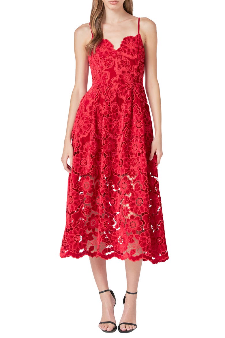 Velvet Lace Midi Dress, Alternate, color, RED
