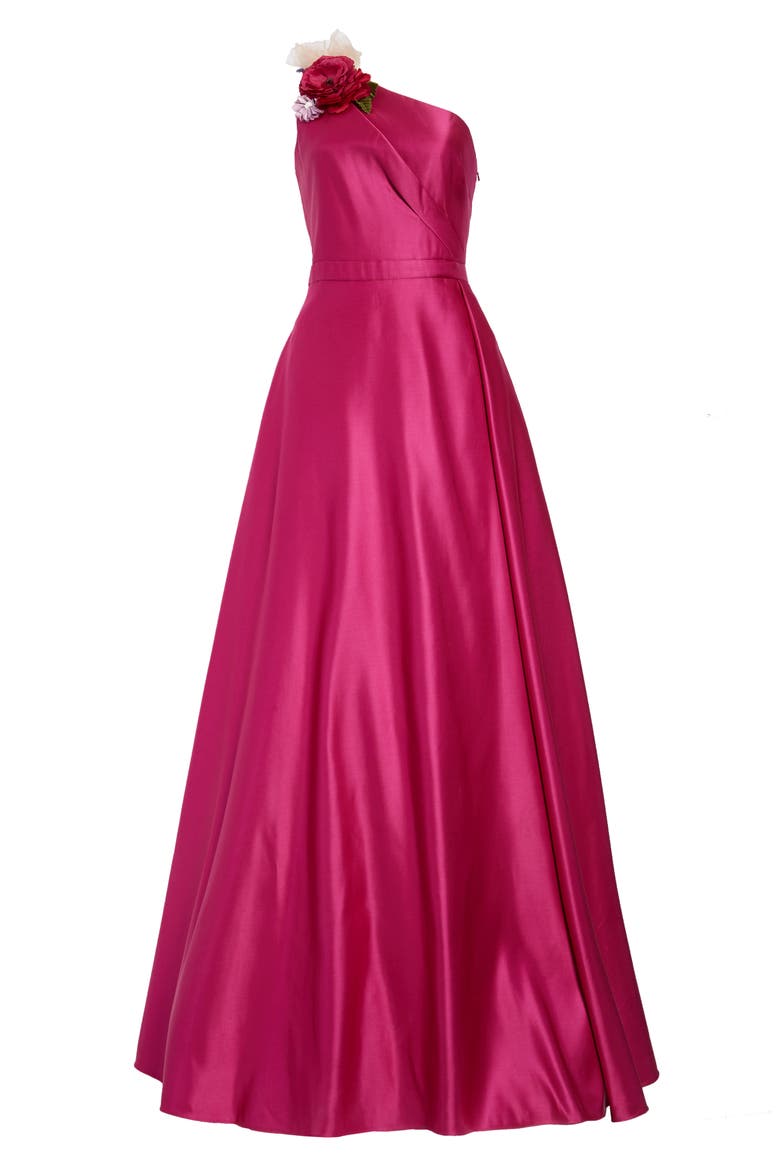 One-Shoulder Satin Ballgown, Main, color, FUCHSIA