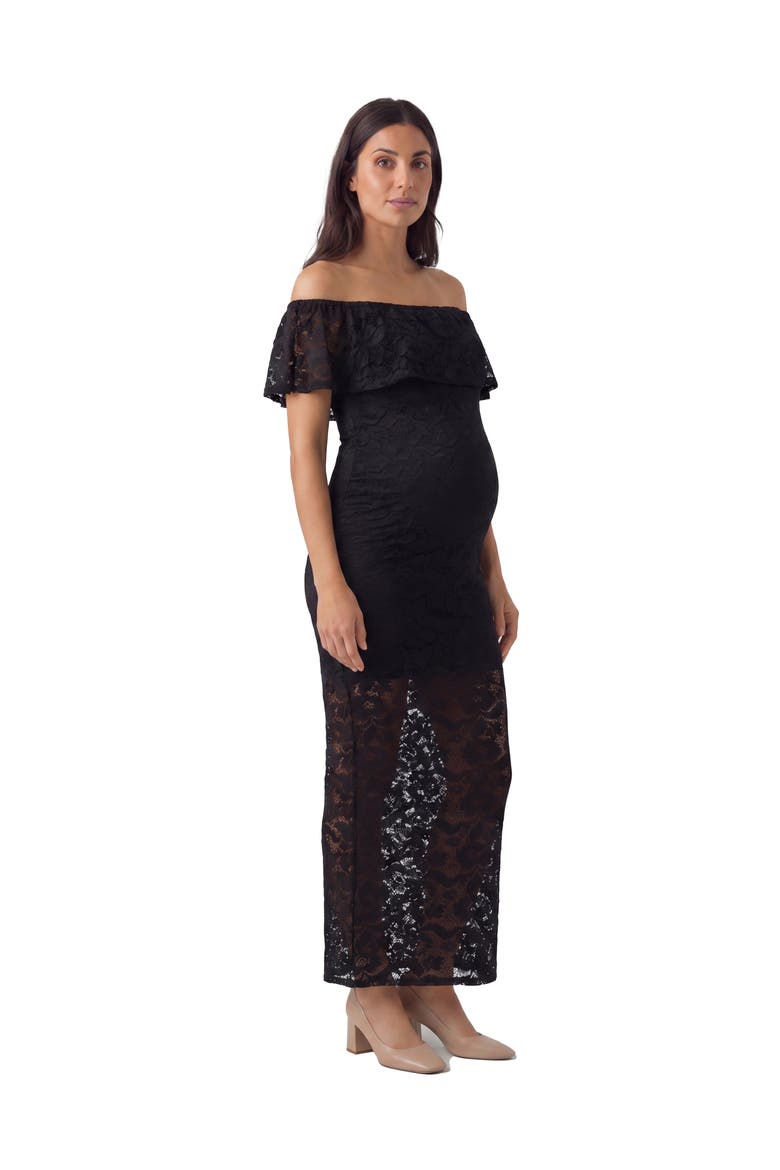 Maternity Elevate Lace Off the Shoulder Side Slit Body-Con Maxi Dress, Alternate, color, Black