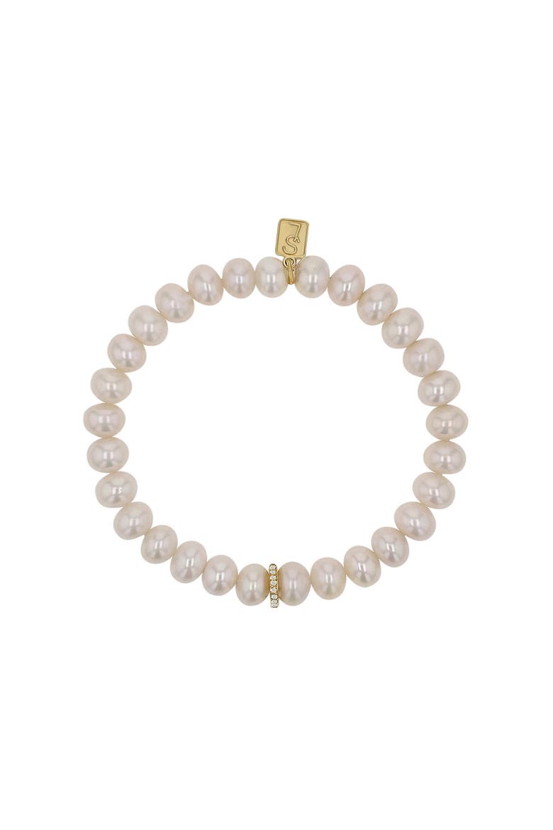 14K Pearl 8MM Bead Bracelet With Diamond Rondelle, Alternate, color, Pearl / Gold