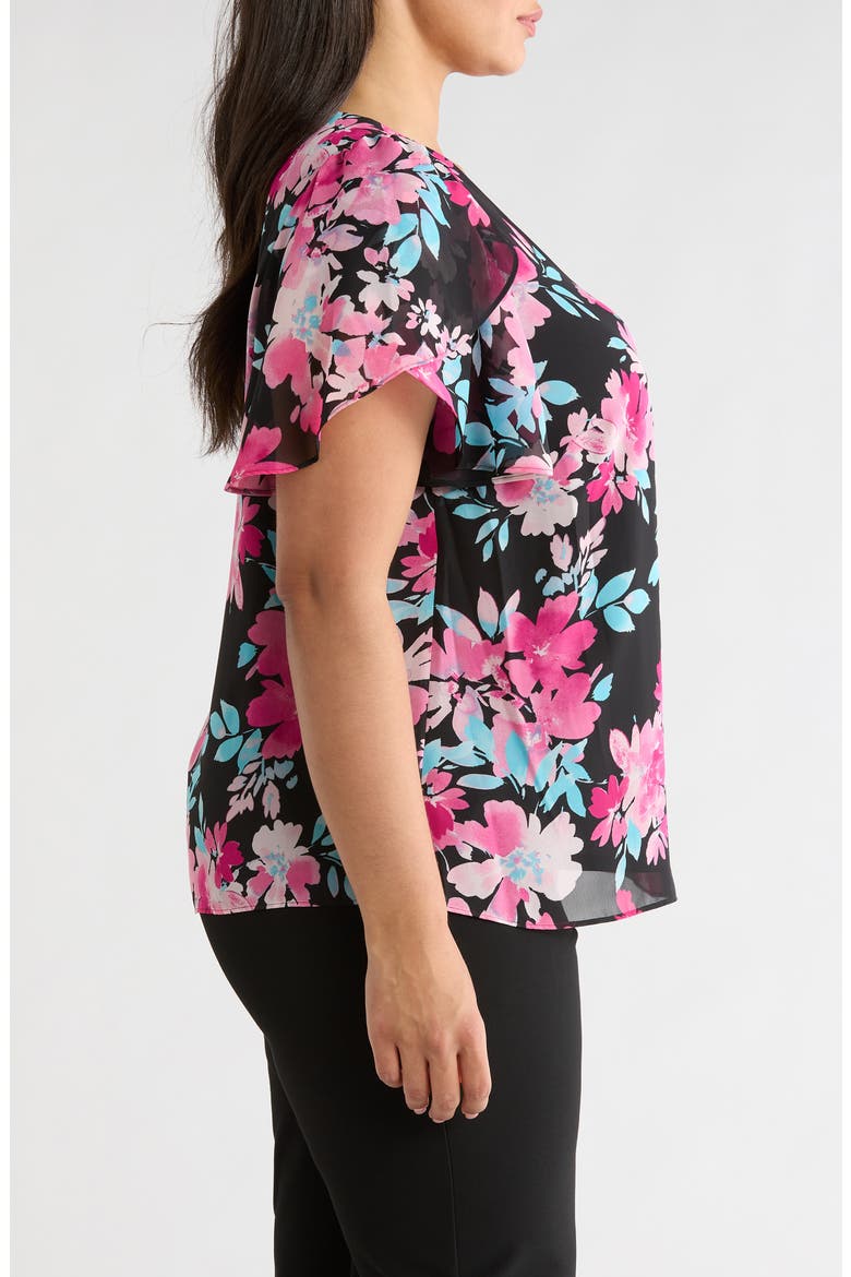 Floral Print Tulip Sleeve Top, Alternate, color, BLACK MULTI