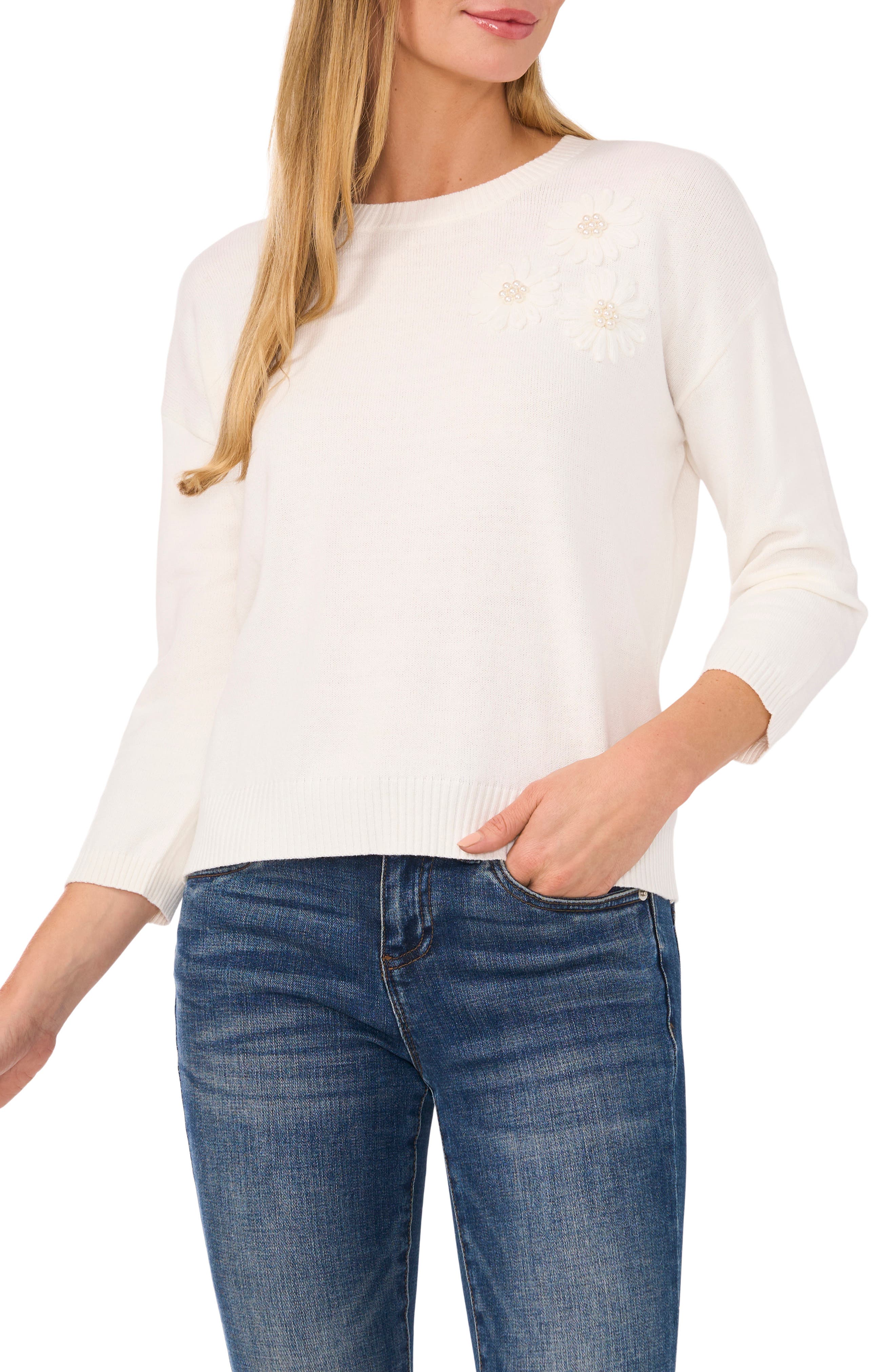 CeCe Imitation Pearl Floral Embroidered Sweater