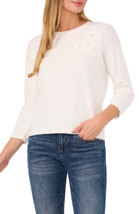 Imitation Pearl Floral Embroidered Sweater