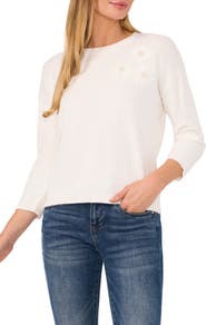 CeCe Imitation Pearl Floral Embroidered Sweater