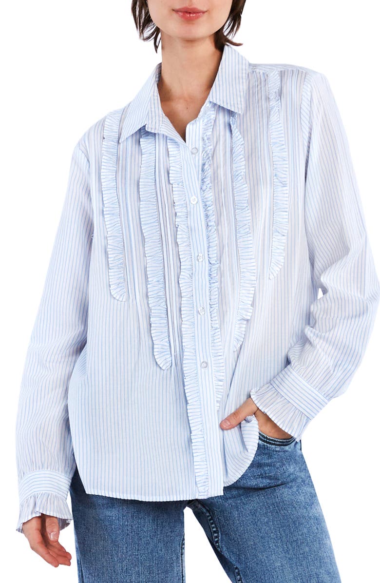 Wash Lab Denim Ruffle Stripe Tuxedo Shirt, Main, color, Blue Stripes