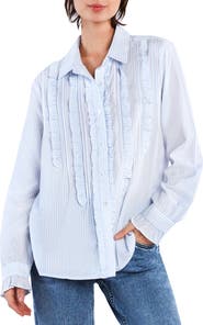 Wash Lab Denim Ruffle Stripe Tuxedo Shirt