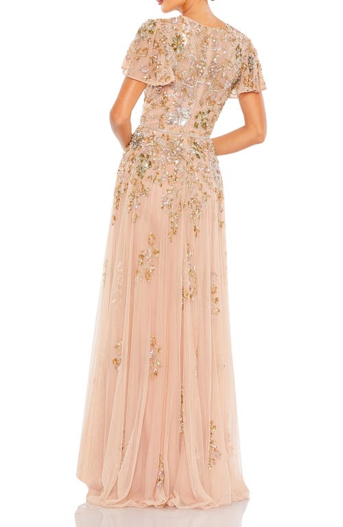 Mac Duggal Embellished Butterfly Sleeve High Neck Gown In Neutral