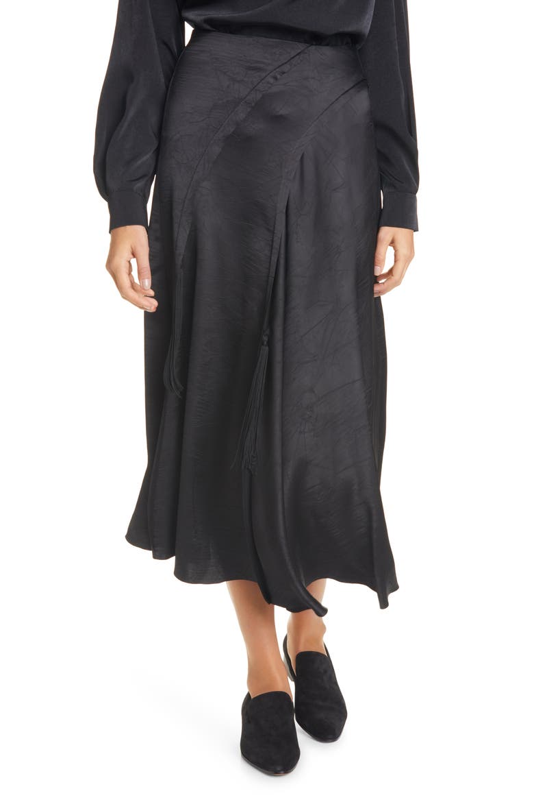 Tassel Detail Asymmetrical Satin Skirt, Main, color, BLACK