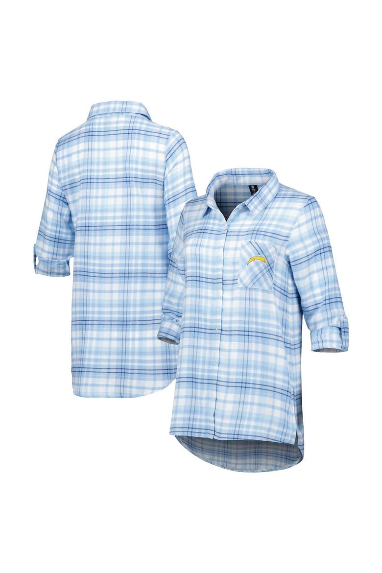 Women's Concepts Sport Powder Blue Los Angeles Chargers Mainstay Plaid Full-Button Long Sleeve Nightshirt, Main, color, Powder Blue