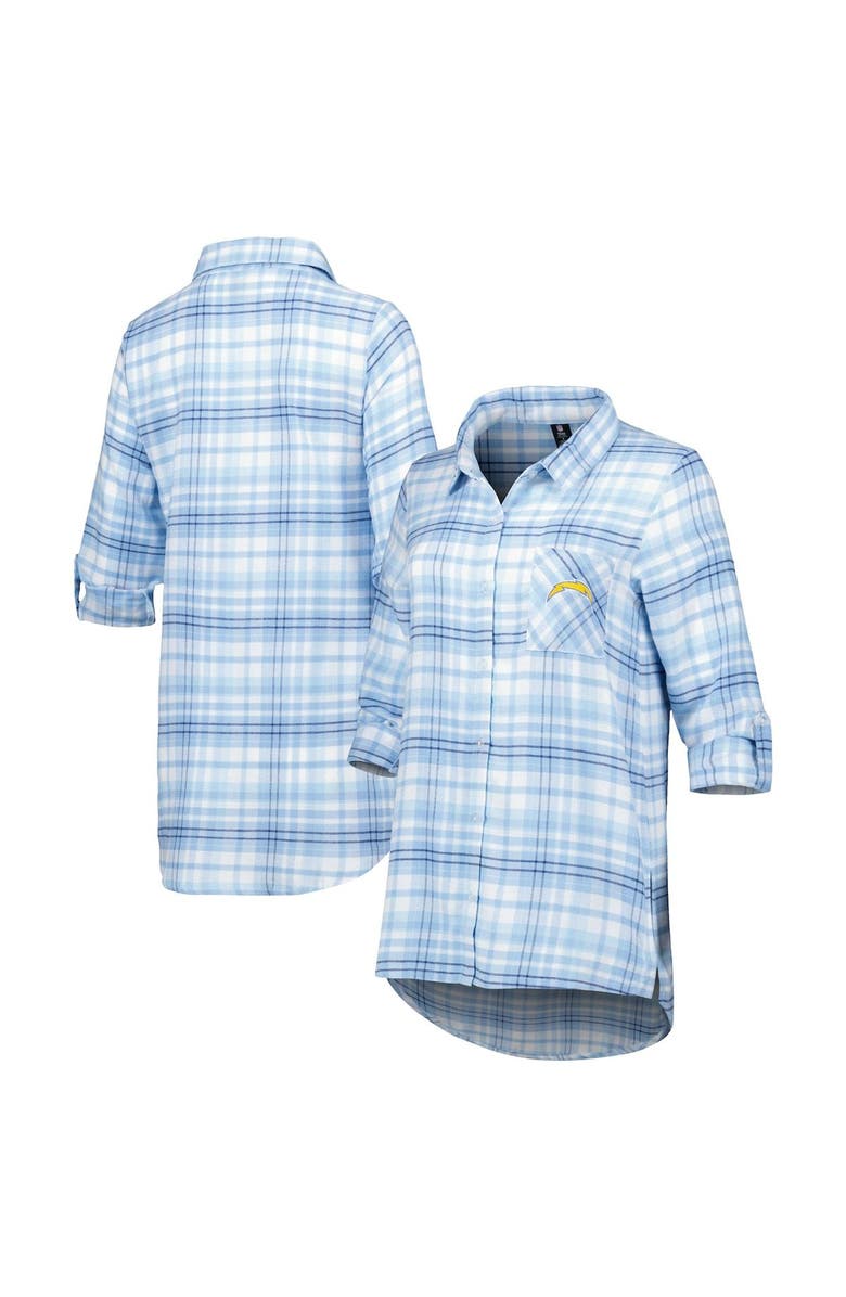 CONCEPTS SPORT Women's Concepts Sport Powder Blue Los Angeles Chargers Mainstay Plaid Full-Button Long Sleeve Nightshirt, Main, color, Powder Blue