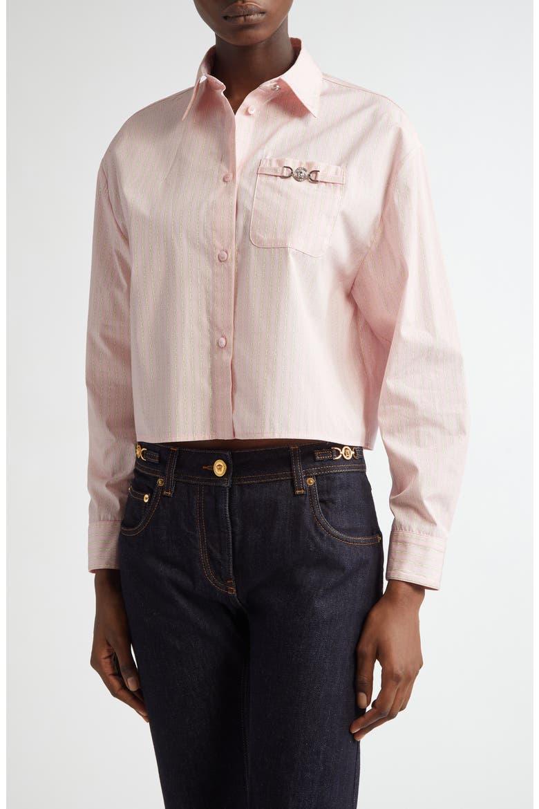 Pinstripe Chain Crop Cotton Poplin Button-Up Shirt, Main, color, PASTEL PINK MILK